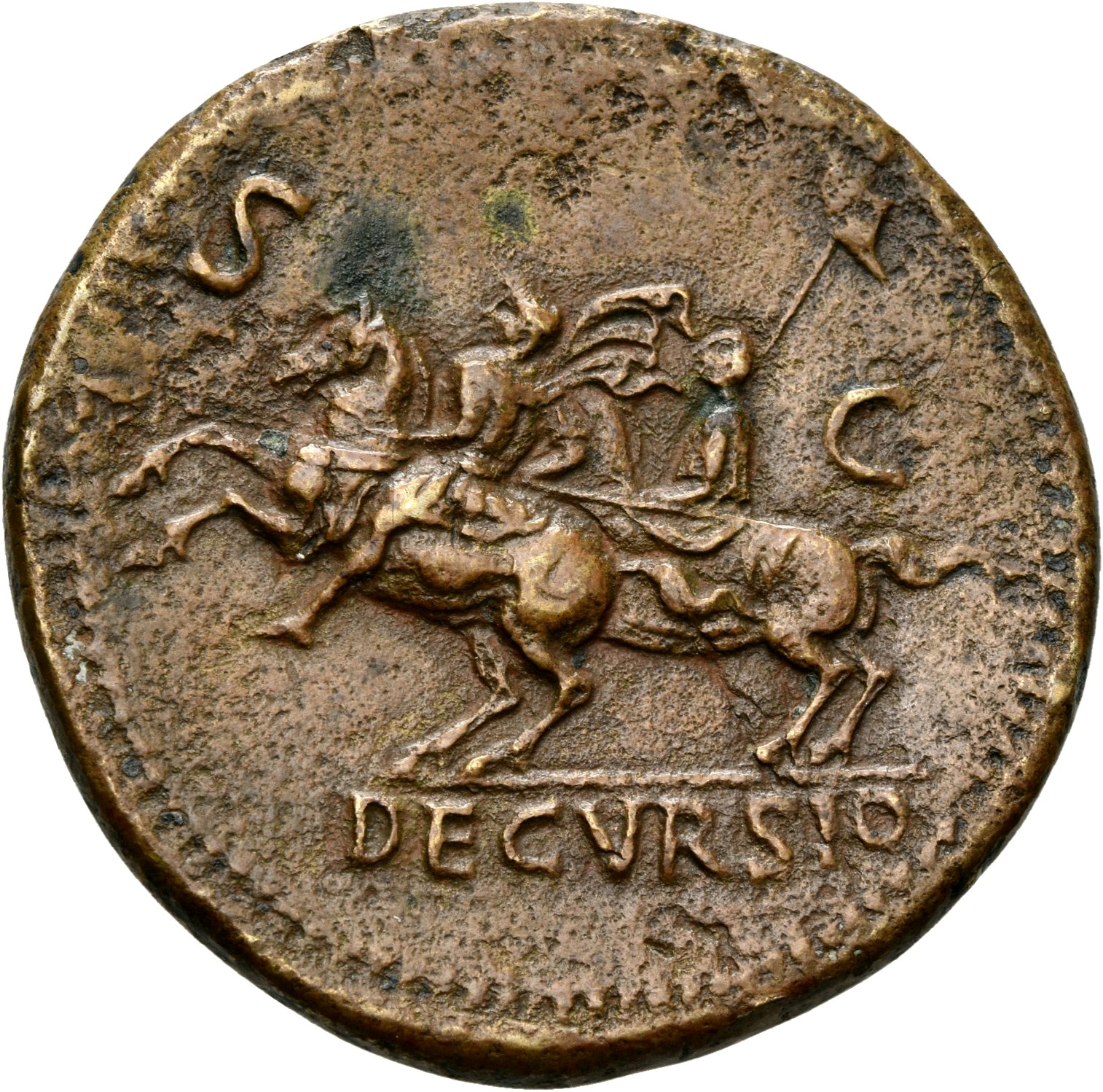 RIC I (second edition) Nero 165 Nero reverse — Nero, bare-headed, cuirassed, cloak flying behind, prancing left on horseba...
