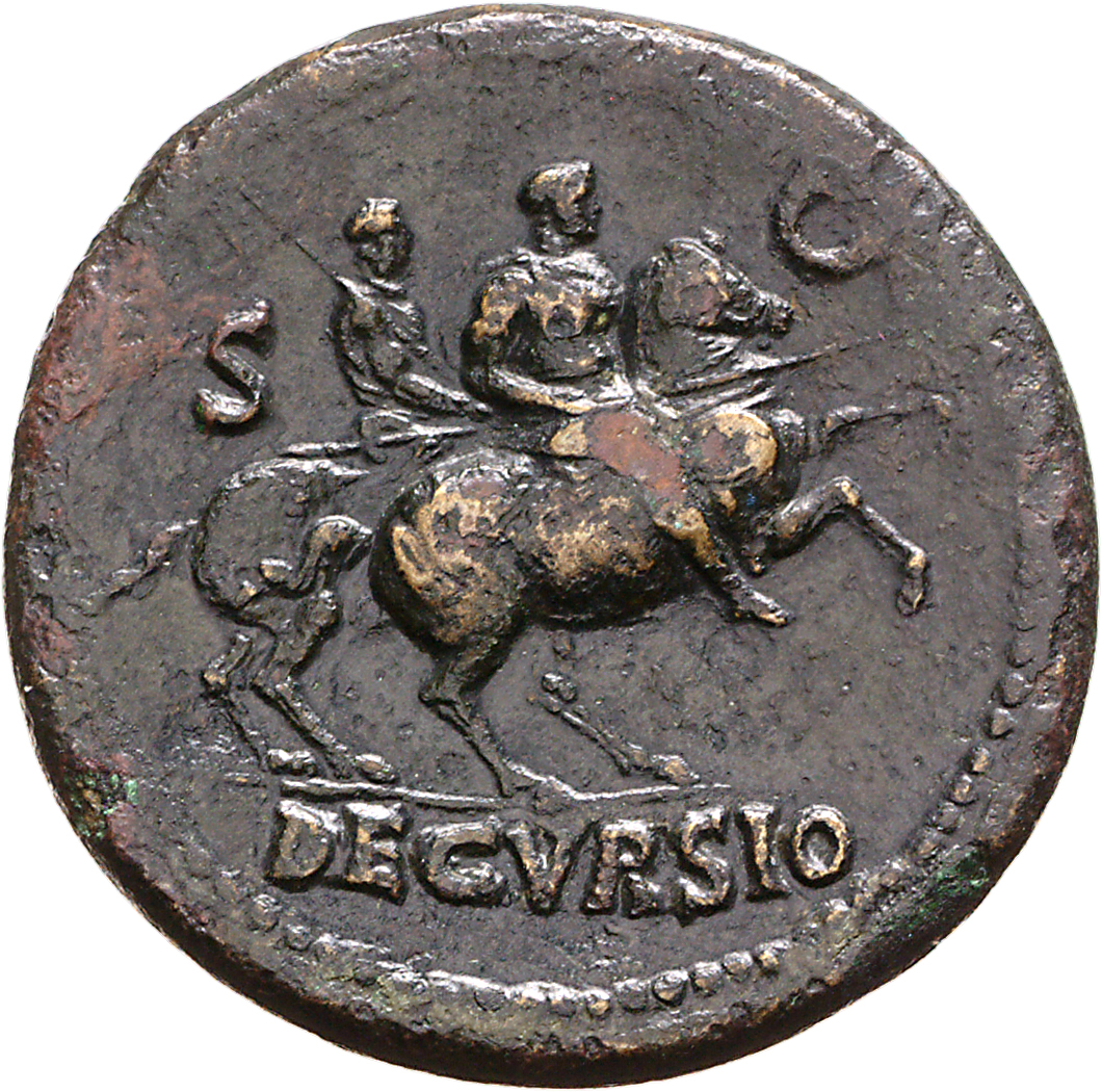 RIC I (second edition) Nero 167 Nero reverse — Nero, bare-headed, cuirassed, cloak flying behind, prancing right on horseb...