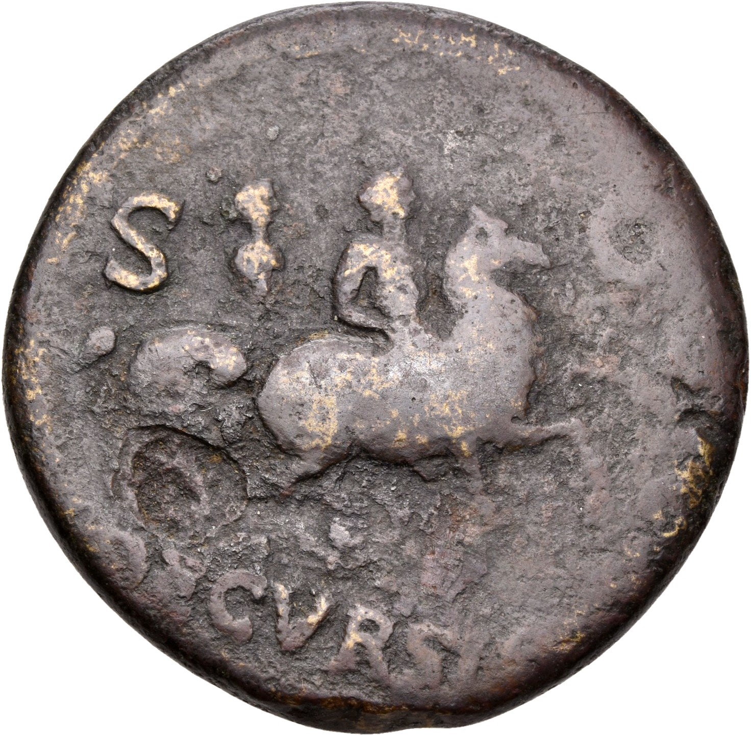 RIC I (second edition) Nero 168 Nero reverse, Nero, bare-headed, cuirassed, cloak flying behind, prancing right on horseba...