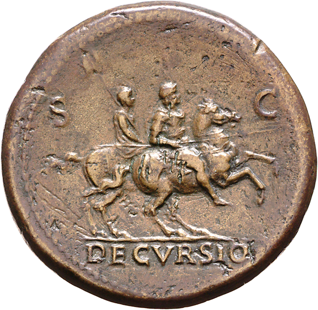 RIC I (second edition) Nero 170 Nero reverse, Nero, bare-headed, cuirassed, cloak flying behind, prancing right on horseba...