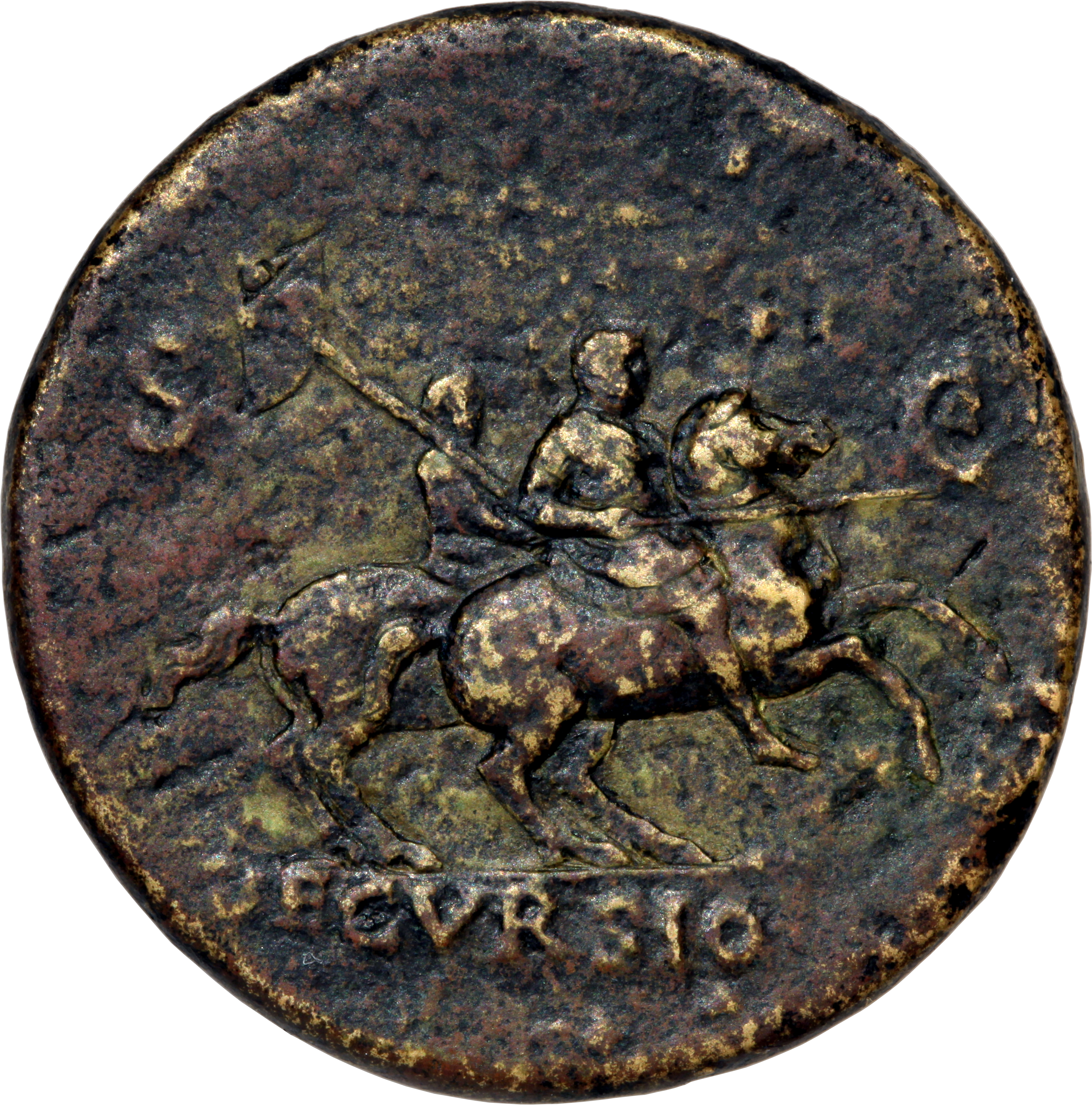 RIC I (second edition) Nero 170 Nero reverse — Nero, bare-headed, cuirassed, cloak flying behind, prancing right on horseb...