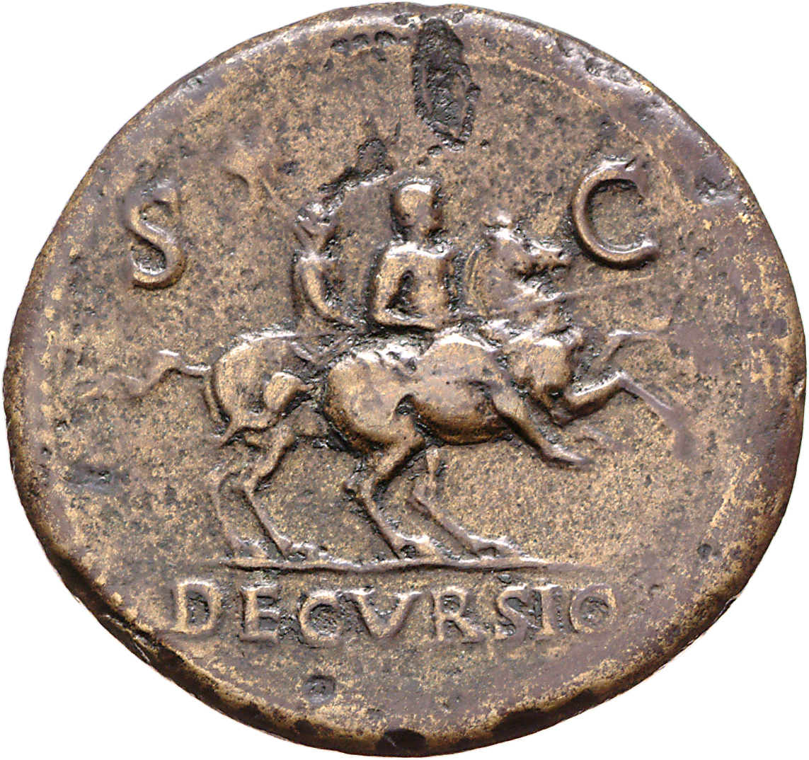 RIC I (second edition) Nero 172 Nero reverse, Nero, bare-headed, cuirassed, cloak flying behind, prancing right on horseba...