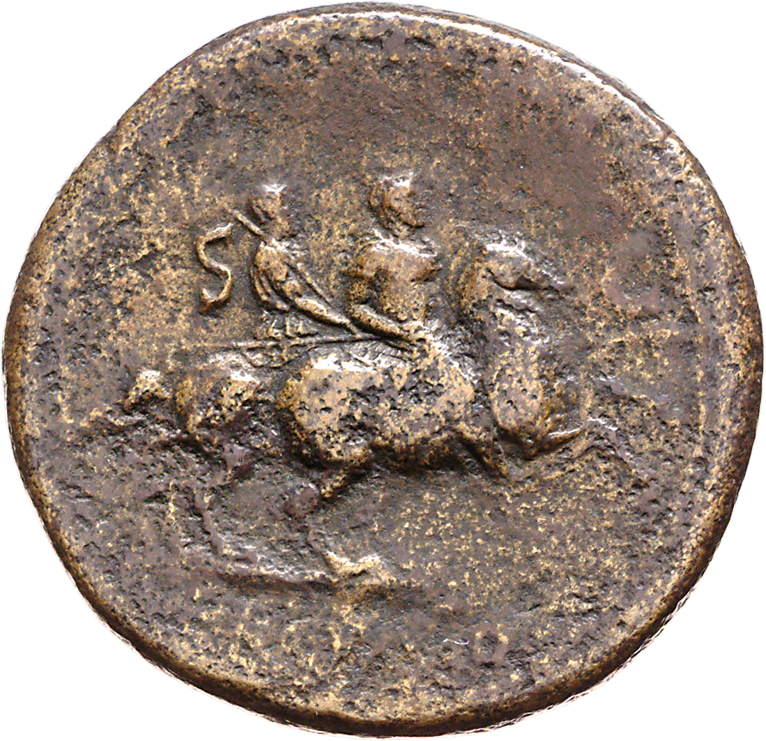RIC I (second edition) Nero 173 Nero reverse, Nero, bare-headed, cuirassed, cloak flying behind, prancing right on horseba...