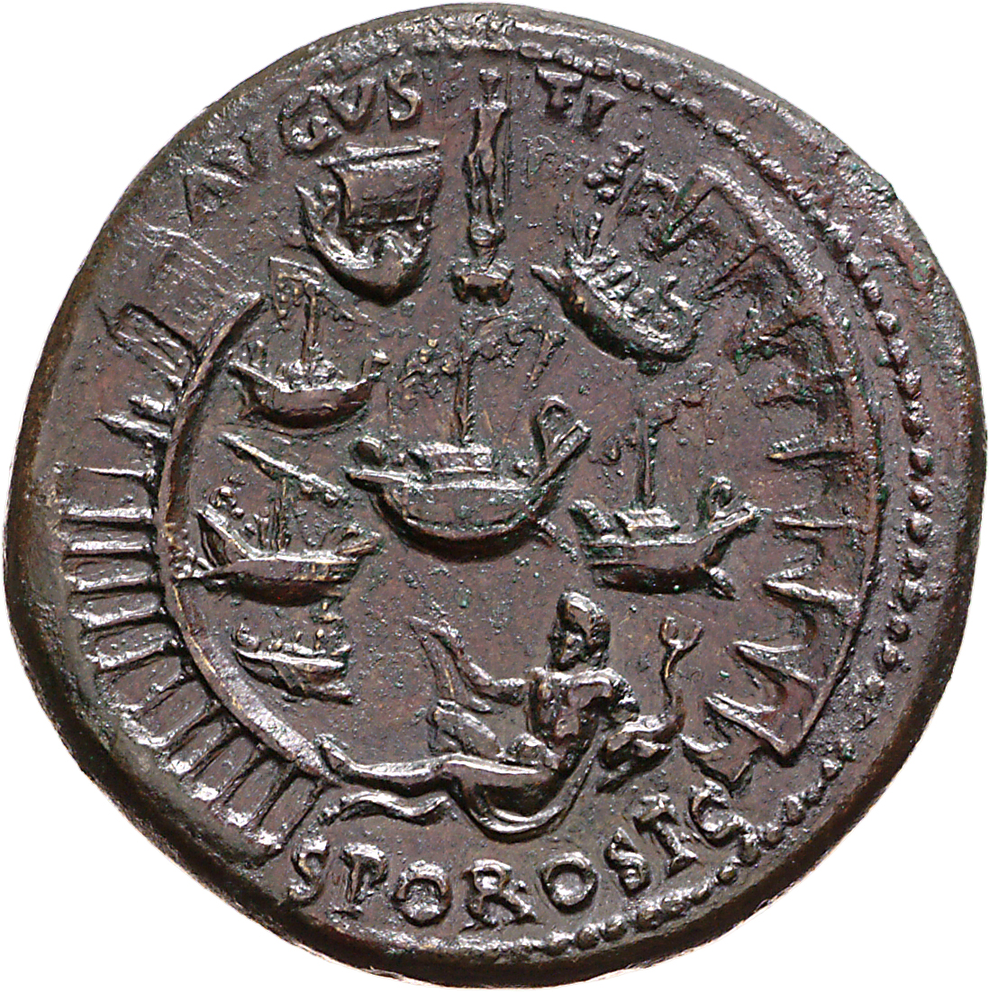 RIC I (second edition) Nero 178 Nero reverse, View of the harbor at Ostia; Statue of Neptune set on pharos, above; Tiber r...