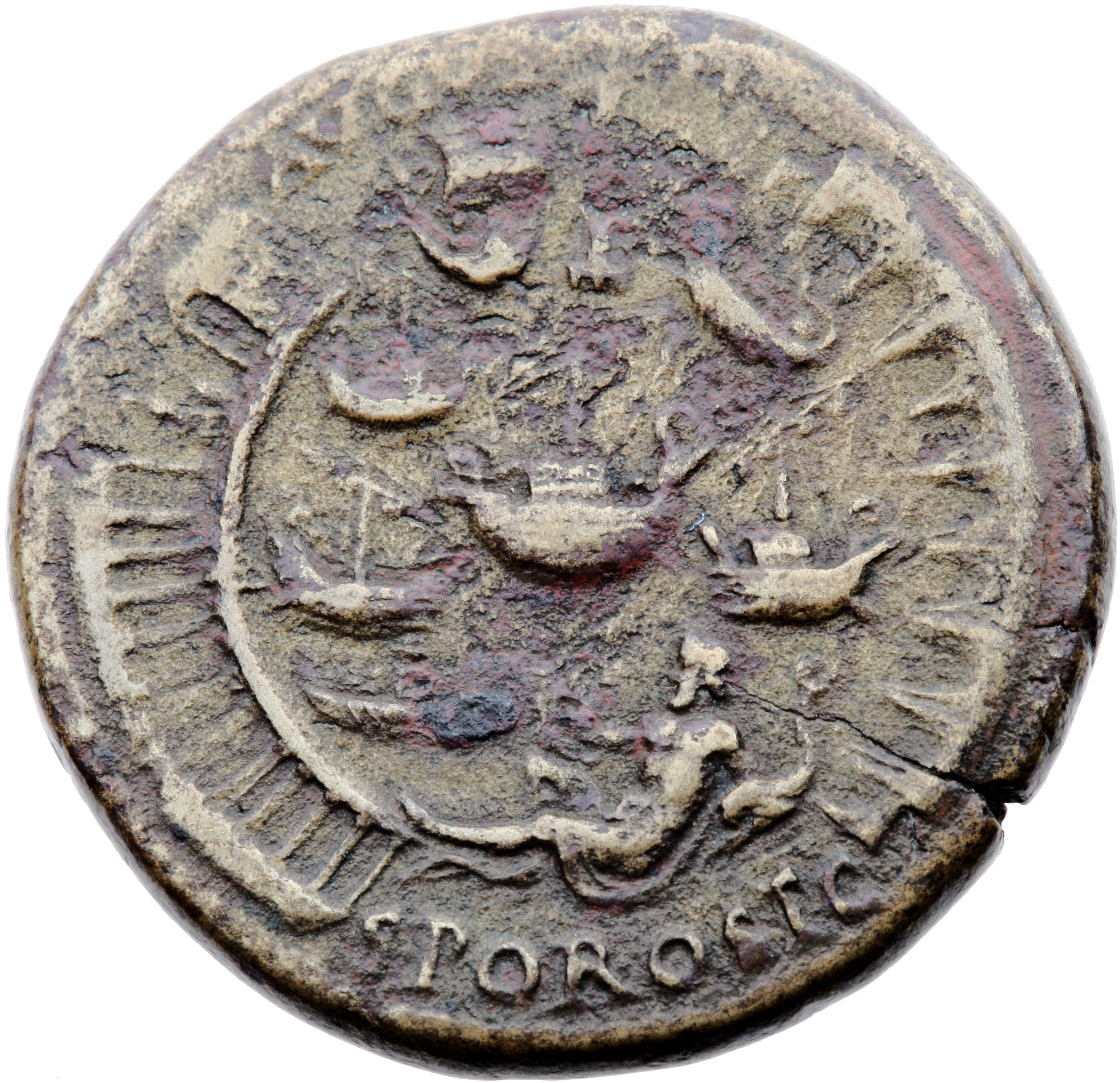 RIC I (second edition) Nero 178 Nero reverse — View of the harbor at Ostia; Statue of Neptune set on pharos, above; Tiber ...
