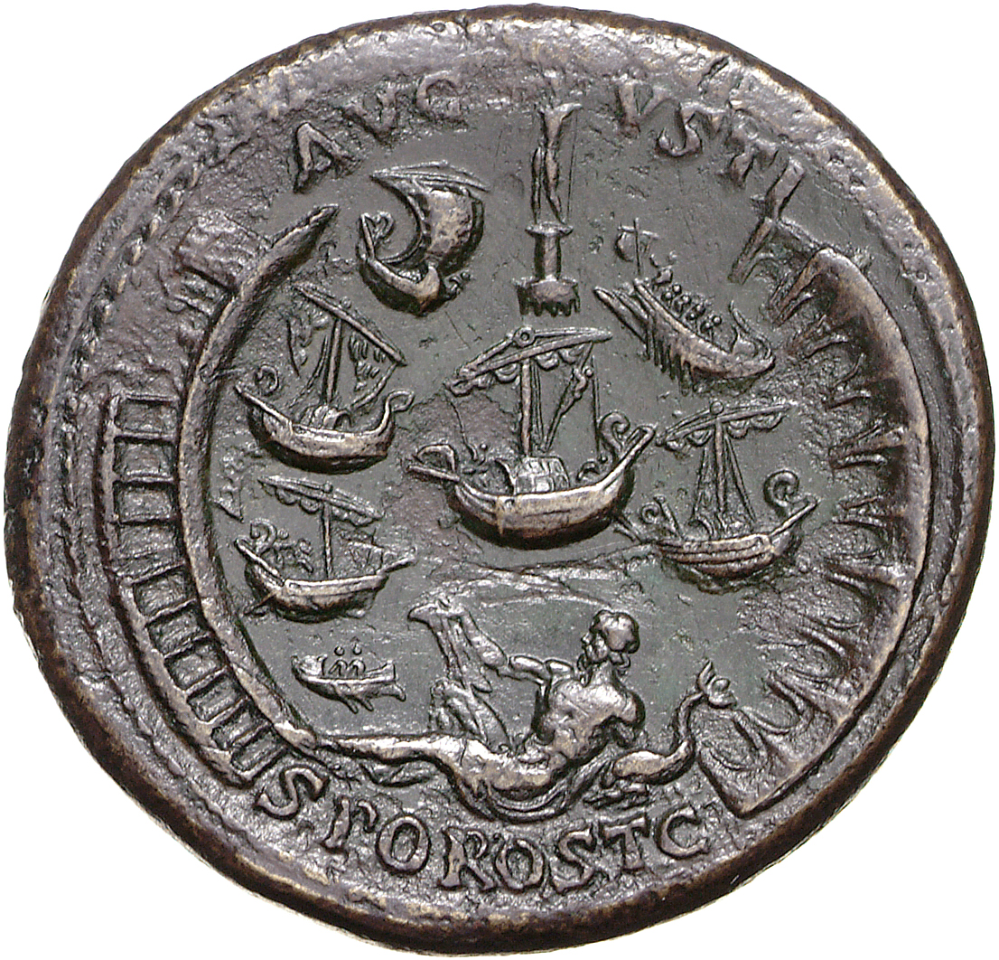 RIC I (second edition) Nero 179 Nero reverse, View of the harbor at Ostia; Statue of Neptune set on pharos, above; Tiber r...