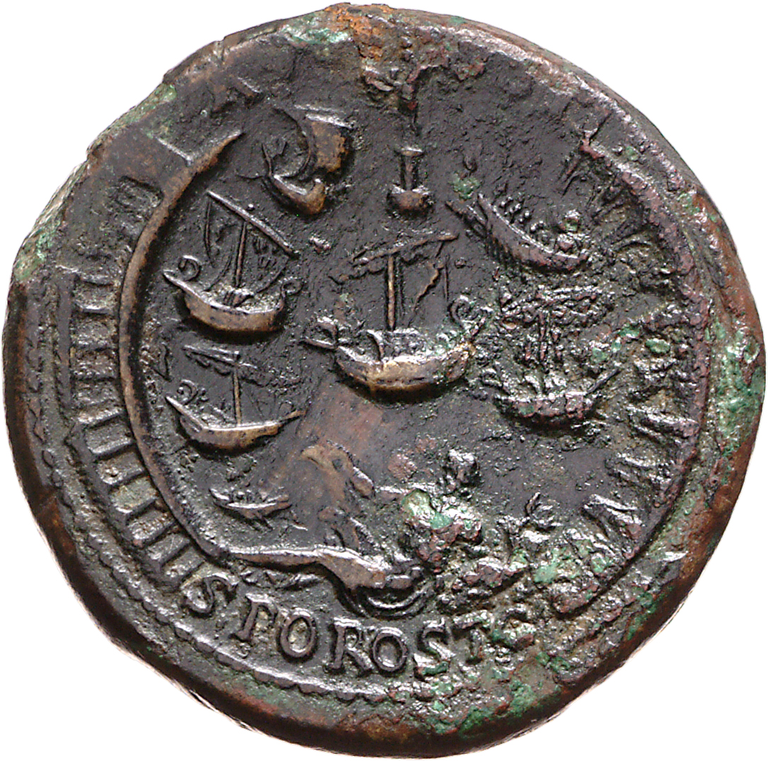 RIC I (second edition) Nero 181 Nero reverse, View of the harbor at Ostia; Statue of Neptune set on pharos, above; Tiber r...