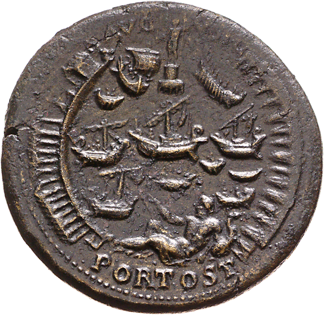 RIC I (second edition) Nero 182 Nero reverse, View of the harbor at Ostia; Statue of Neptune set on pharos, above; Tiber r...