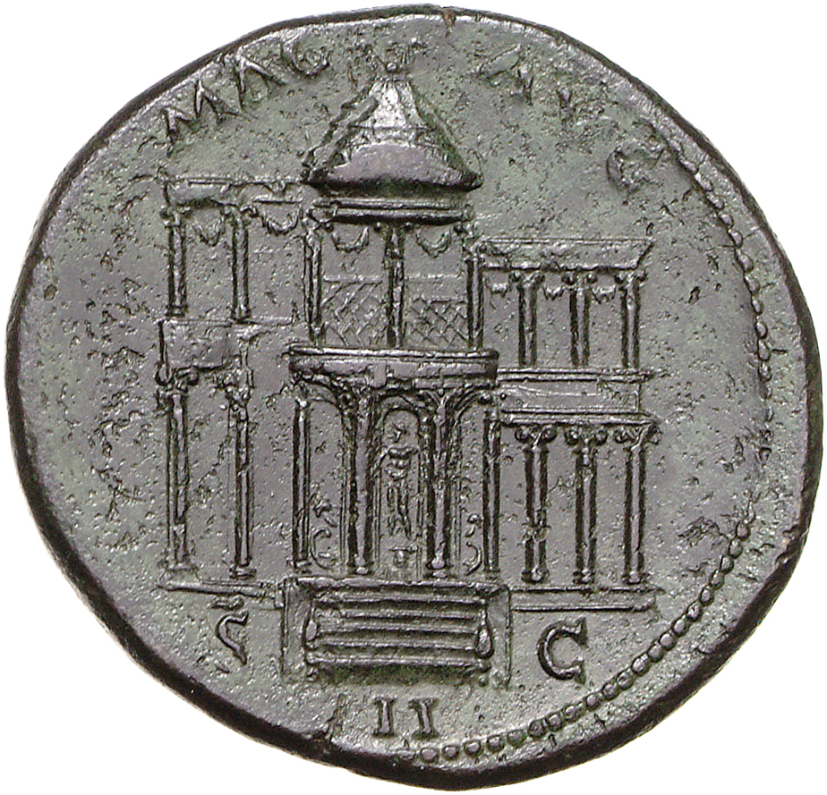 RIC I (second edition) Nero 184 Nero reverse, Front view of the Macellum Magnum; above the steps, male figure standing, le...
