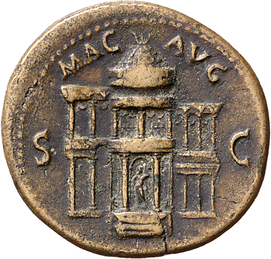 RIC I (second edition) Nero 184 Nero reverse — Front view of the Macellum Magnum; above the steps, male figure standing, l...