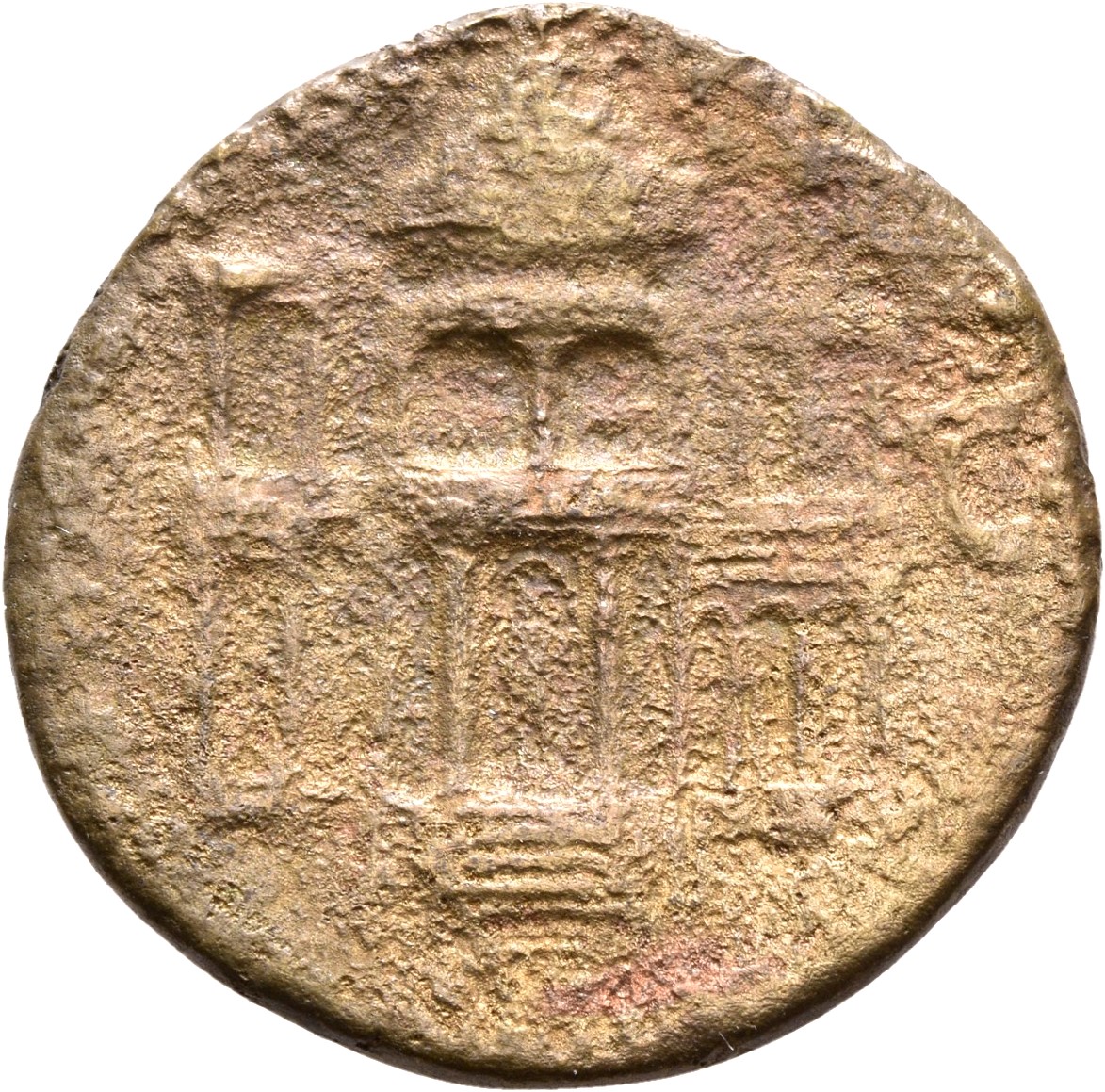 RIC I (second edition) Nero 185 Nero reverse, Front view of the Macellum Magnum; above the steps, male figure standing, le...
