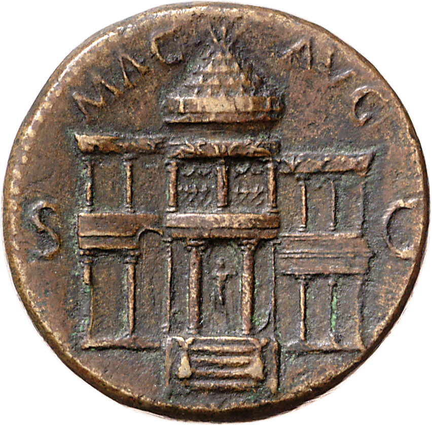 RIC I (second edition) Nero 186 Nero reverse, Front view of the Macellum Magnum; above the steps, male figure standing, le...