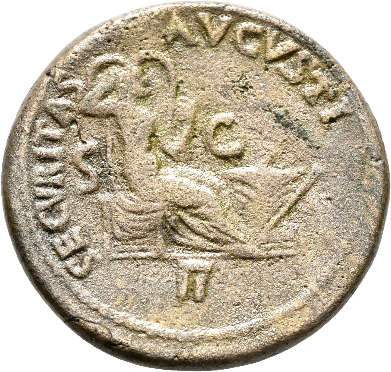 RIC I (second edition) Nero 191 Nero reverse, Securitas, bare to waist, seated right, on throne, resting head against righ...