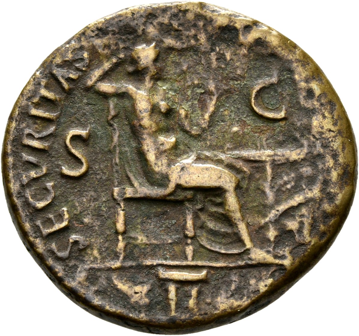 RIC I (second edition) Nero 193 Nero reverse — Securitas, bare to waist, seated right, on throne, resting head against rig...
