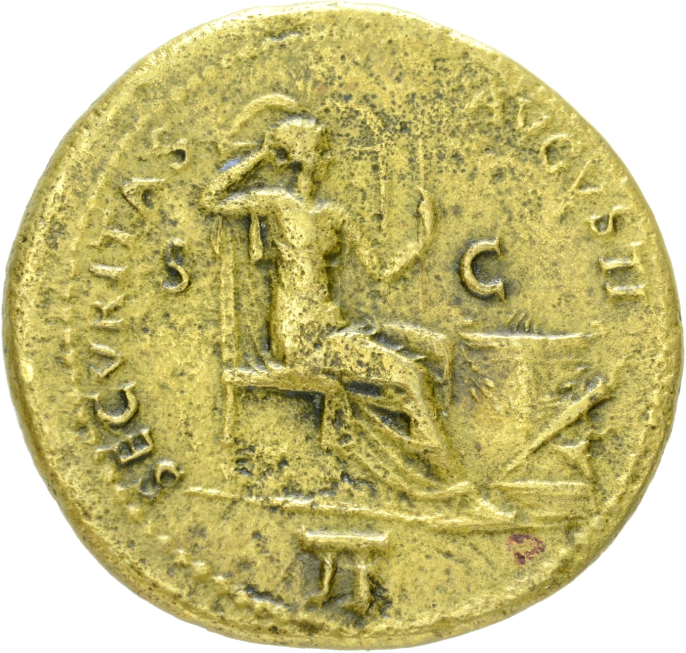 RIC I (second edition) Nero 195 Nero reverse, Securitas, bare to waist, seated right, on throne, resting head against righ...