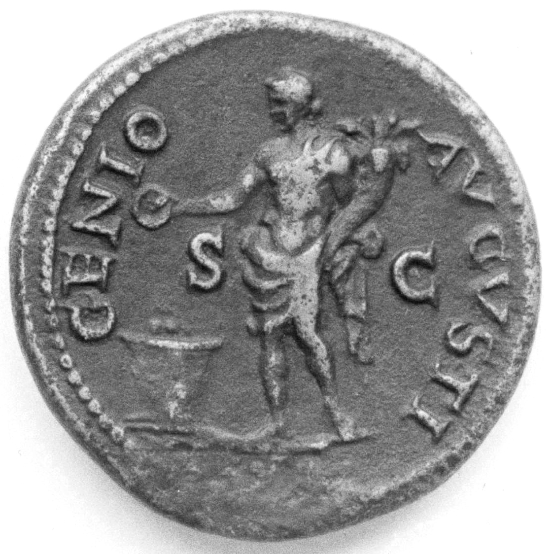 RIC I (second edition) Nero 214 Nero reverse — Genius Populi Romani standing left, holding patera over flaming altar in ri...