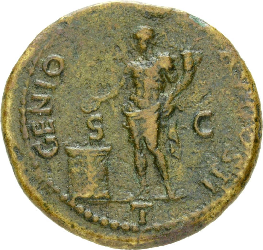 RIC I (second edition) Nero 215 Nero reverse, Genius Populi Romani standing left, holding patera over flaming altar in rig...