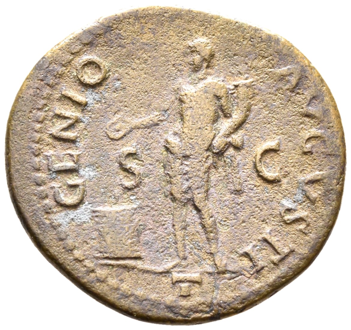 RIC I (second edition) Nero 215 Nero reverse — Genius Populi Romani standing left, holding patera over flaming altar in ri...