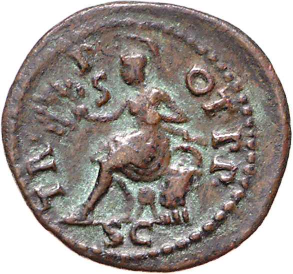RIC I (second edition) Nero 226 Nero reverse, Roma, helmeted, in military dress, seated left on cuirass, holding wreath an...