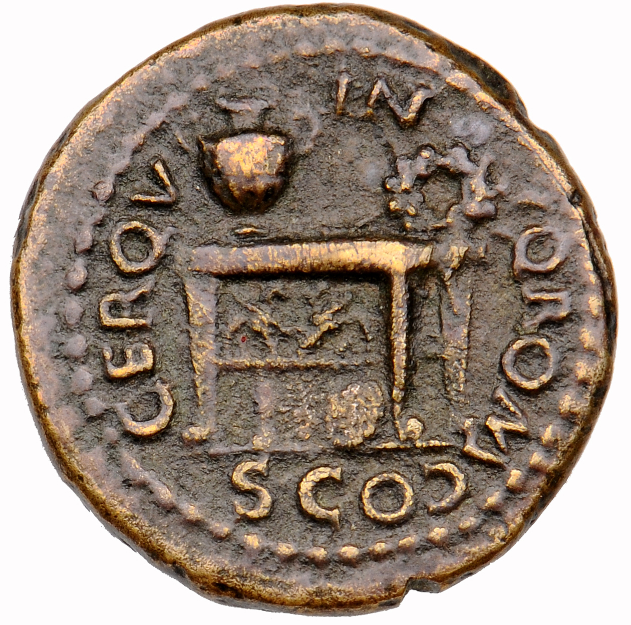 RIC I (second edition) Nero 229 Nero reverse, Table decorated with two sphinxes or gryphons confronting; on top, urn and w...