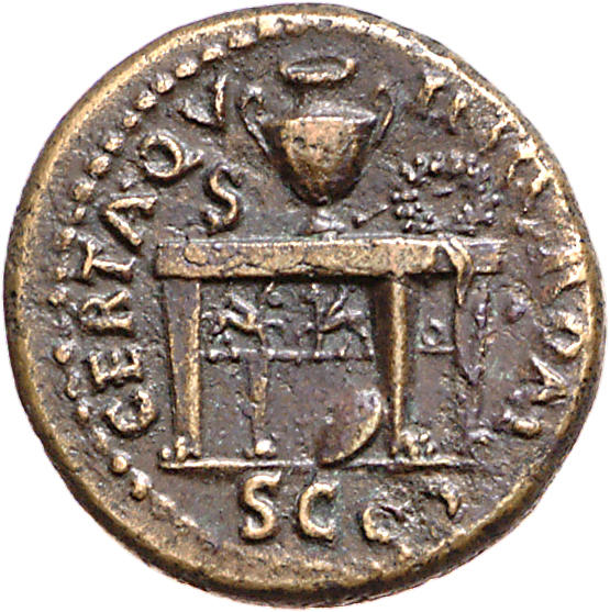 RIC I (second edition) Nero 244 Nero reverse, Table decorated with two sphinxes or gryphons confronting; on top, urn and w...