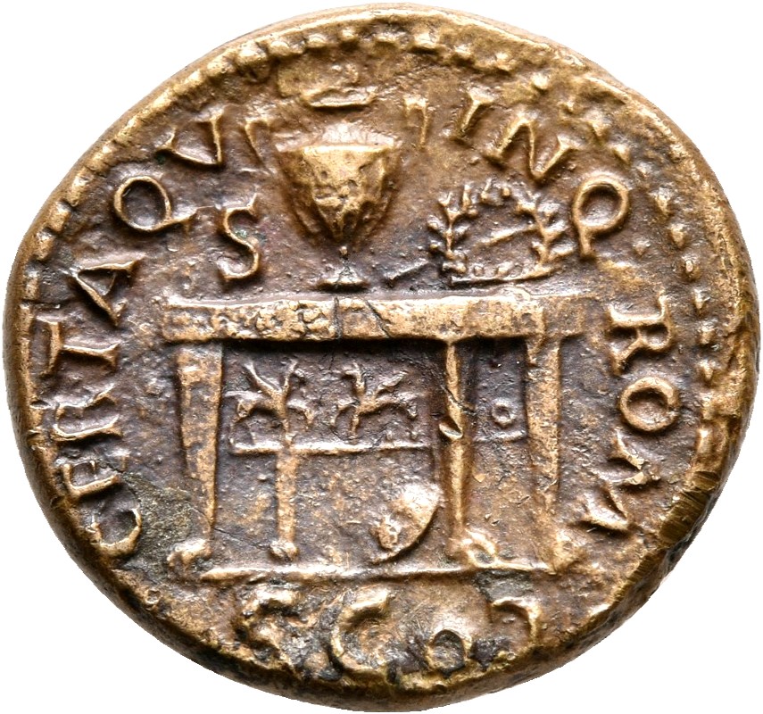 RIC I (second edition) Nero 245 Nero reverse, Table decorated with two sphinxes or gryphons confronting; on top, urn and w...