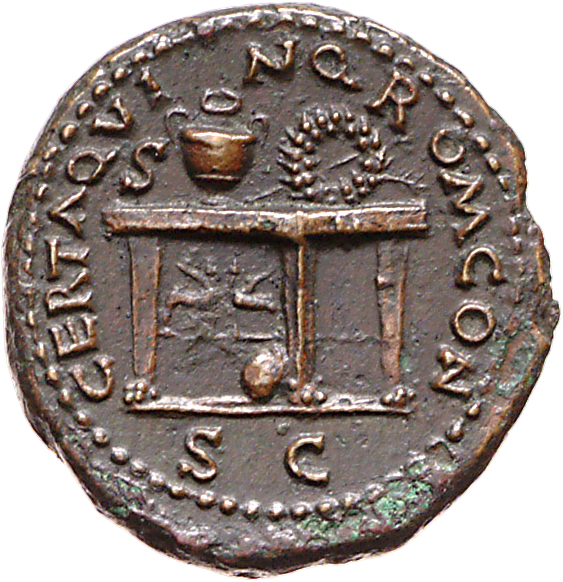 RIC I (second edition) Nero 247 Nero reverse, Table decorated with two sphinxes or gryphons confronting; on top, urn and w...