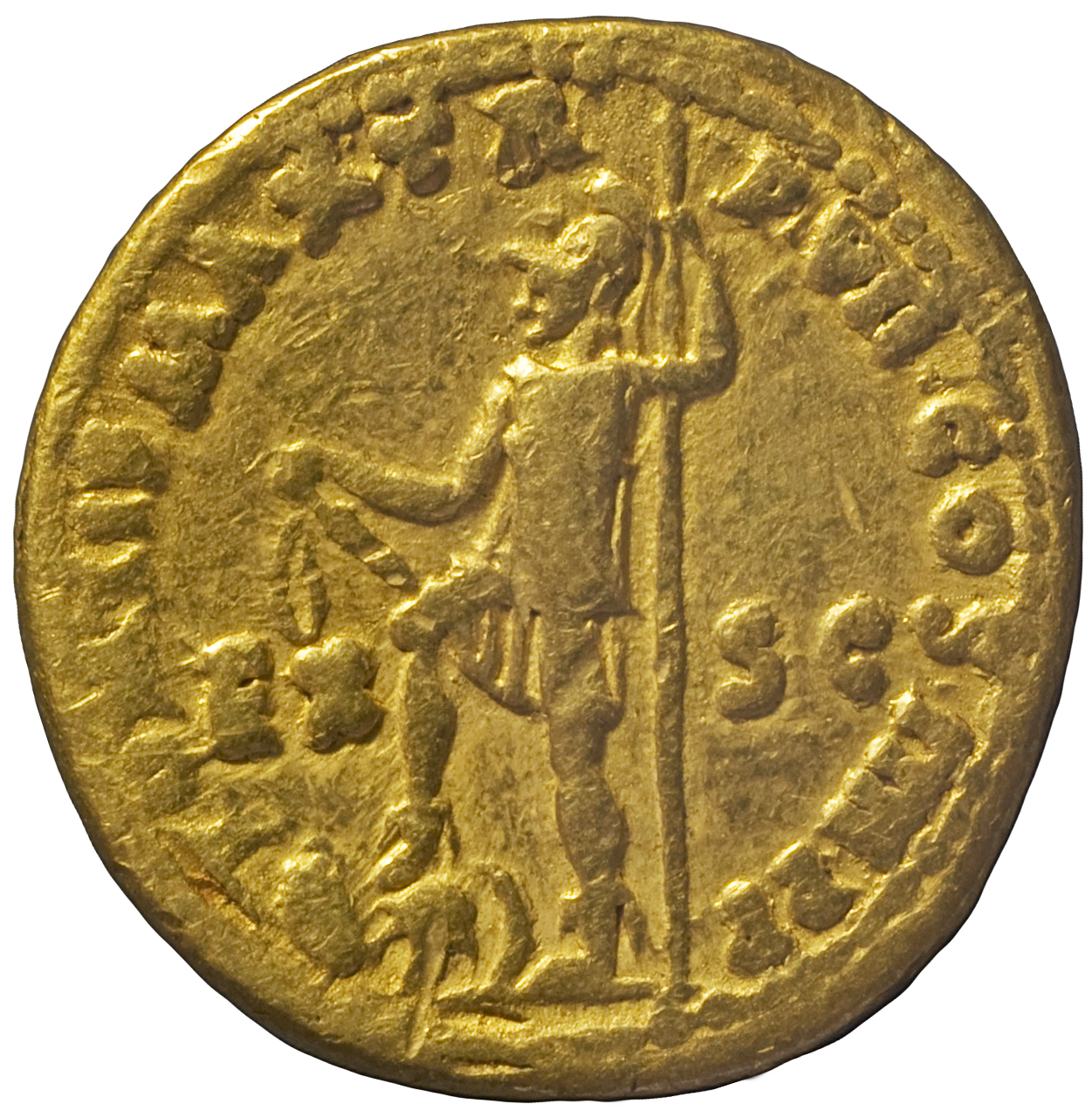 RIC I (second edition) Nero 25 Nero reverse, Virtus, helmeted, in military dress, standing left, right foot on helmet amon...