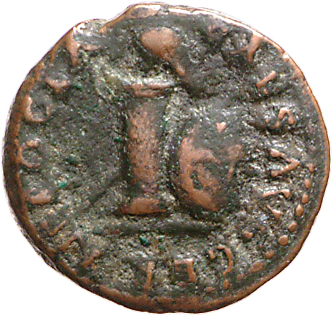 RIC I (second edition) Nero 253 Nero obverse, Column bearing helmet; shield depicting a gorgoneion resting on column, righ...