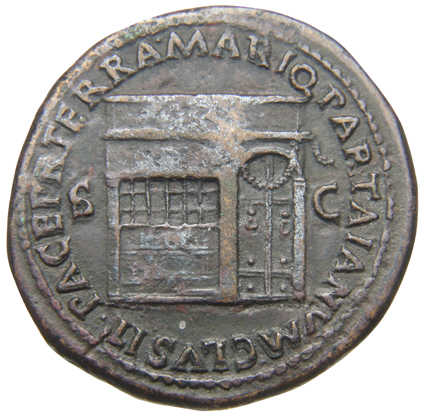 RIC I (second edition) Nero 263 Nero reverse, Temple of Janus, with latticed window to left and double doors to right with...