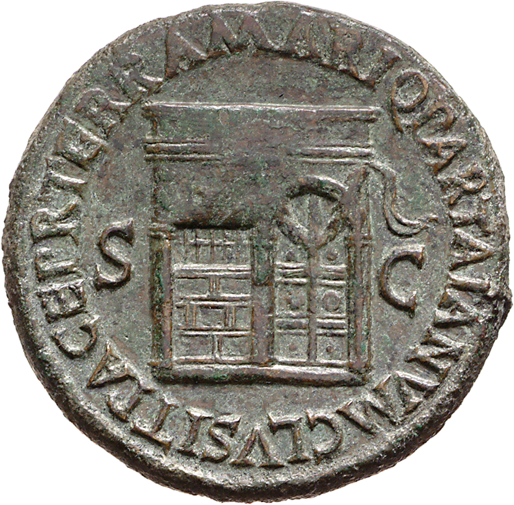 RIC I (second edition) Nero 265 Nero reverse, Temple of Janus, with latticed window to left and double doors to right with...