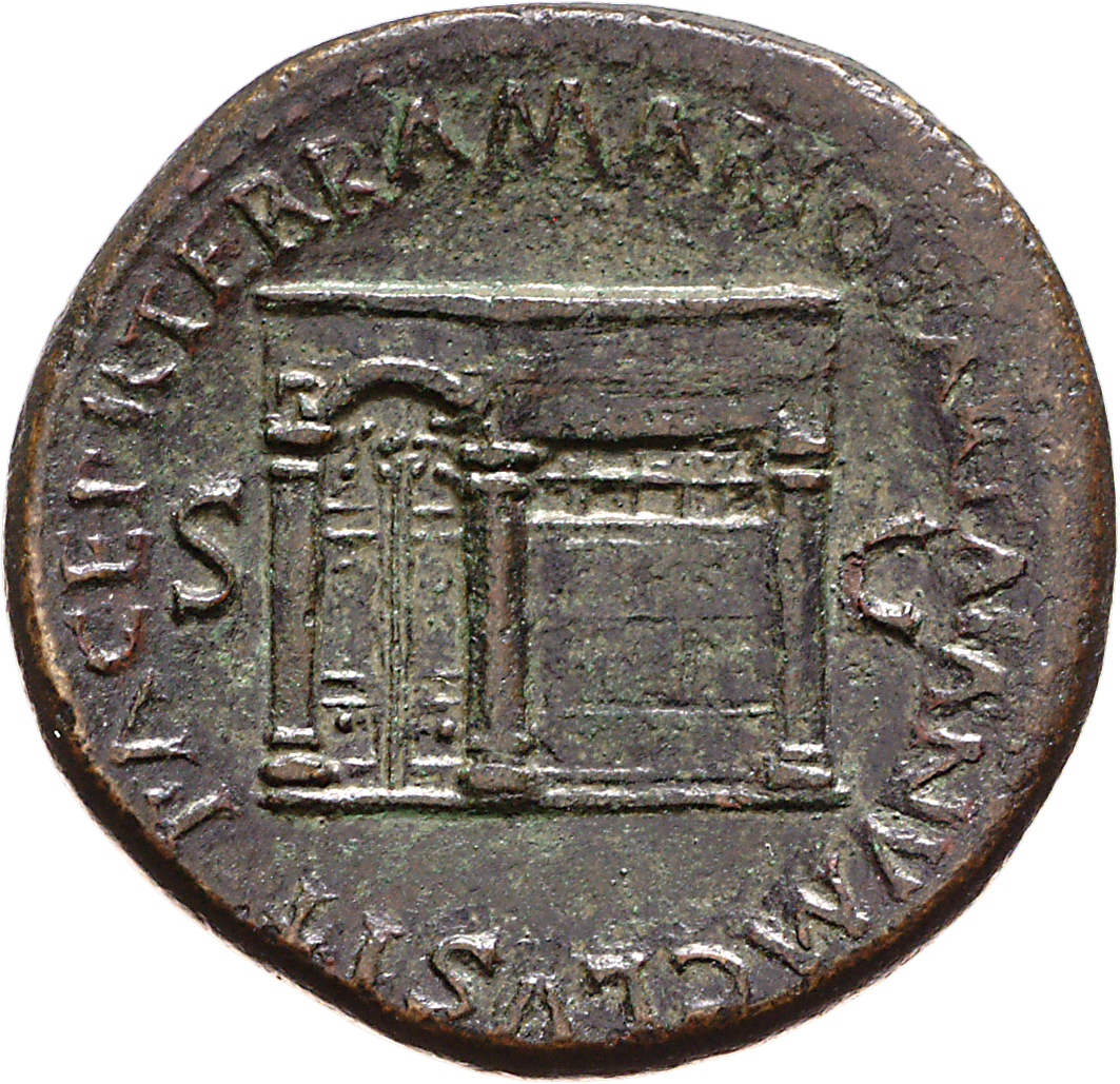 RIC I (second edition) Nero 270 Nero reverse, Temple of Janus, with latticed window to right and double doors to left with...