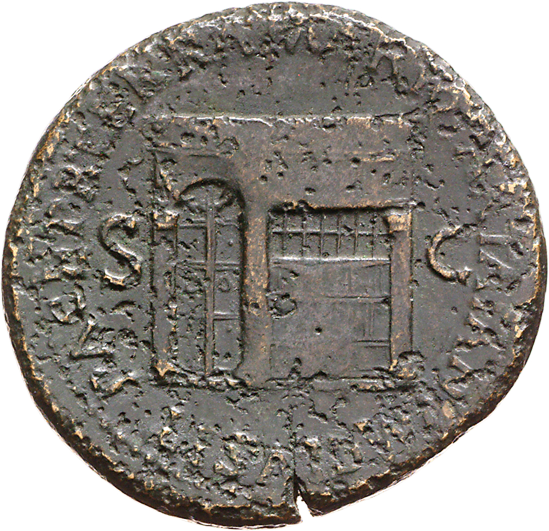 RIC I (second edition) Nero 270 Nero reverse, Temple of Janus, with latticed window to right and double doors to left with...