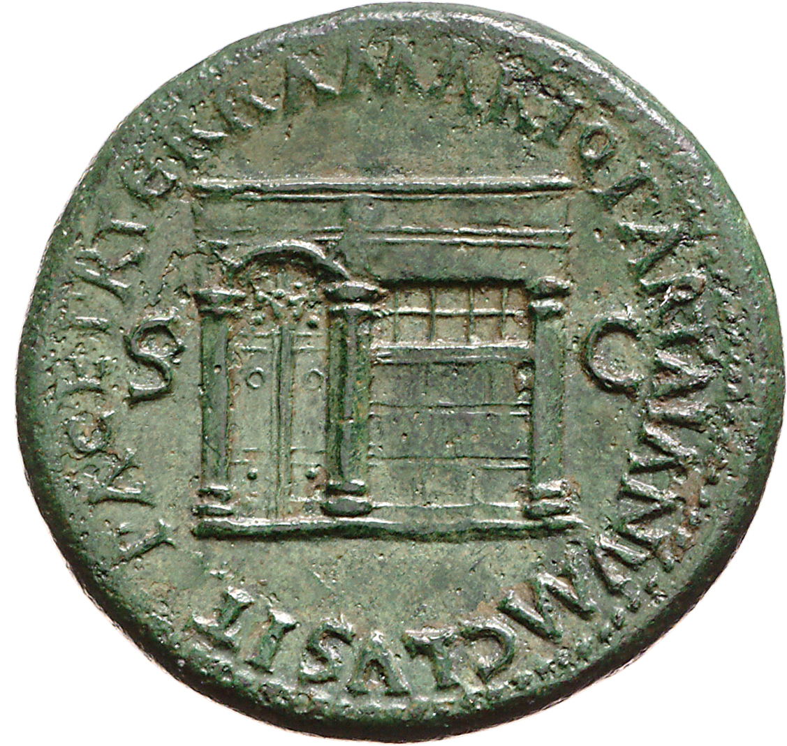 RIC I (second edition) Nero 271 Nero reverse, Temple of Janus, with latticed window to right and double doors to left with...