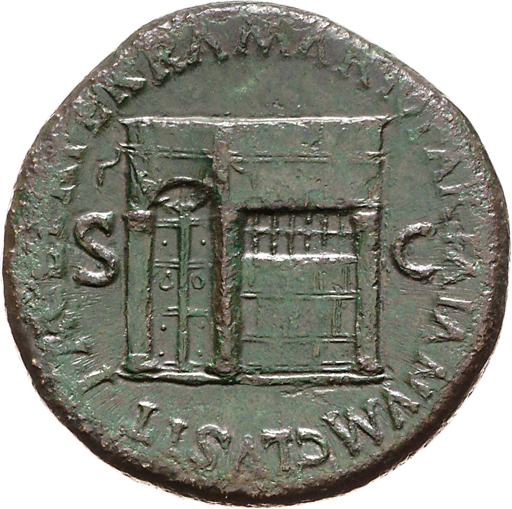 RIC I (second edition) Nero 271 Nero reverse, Temple of Janus, with latticed window to right and double doors to left with...