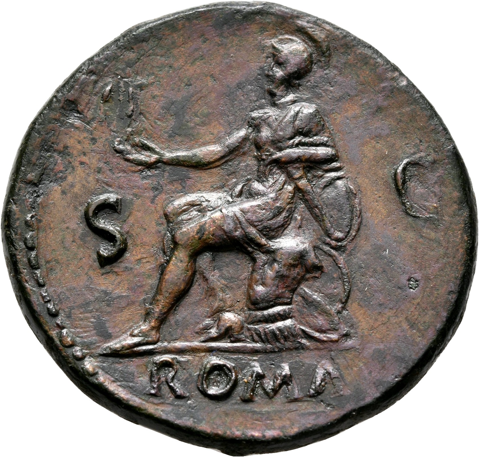 RIC I (second edition) Nero 273 Nero reverse, Roma, helmeted, in military dress, seated left on cuirass, holding Victory i...