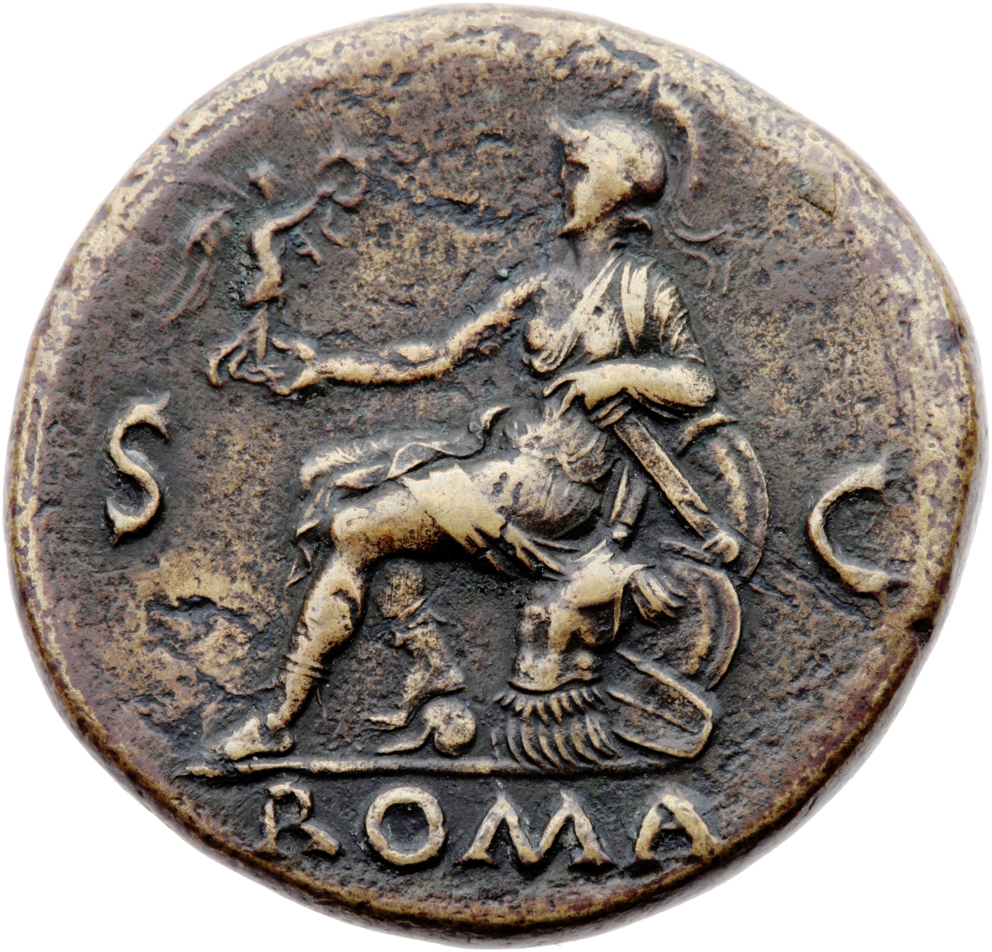 RIC I (second edition) Nero 273 Nero reverse, Roma, helmeted, in military dress, seated left on cuirass, holding Victory i...