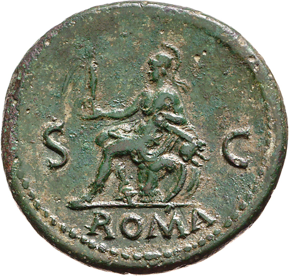 RIC I (second edition) Nero 274 Nero reverse, Roma, helmeted, in military dress, seated left on cuirass, holding Victory i...