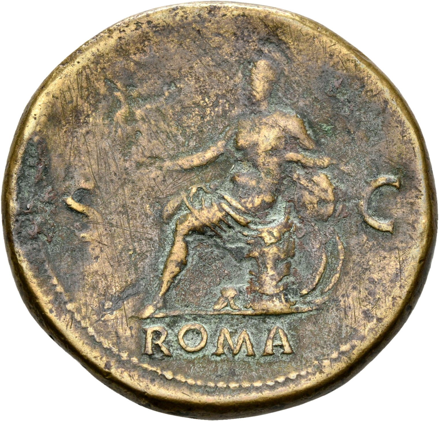 RIC I (second edition) Nero 274 Nero reverse, Roma, helmeted, in military dress, seated left on cuirass, holding Victory i...