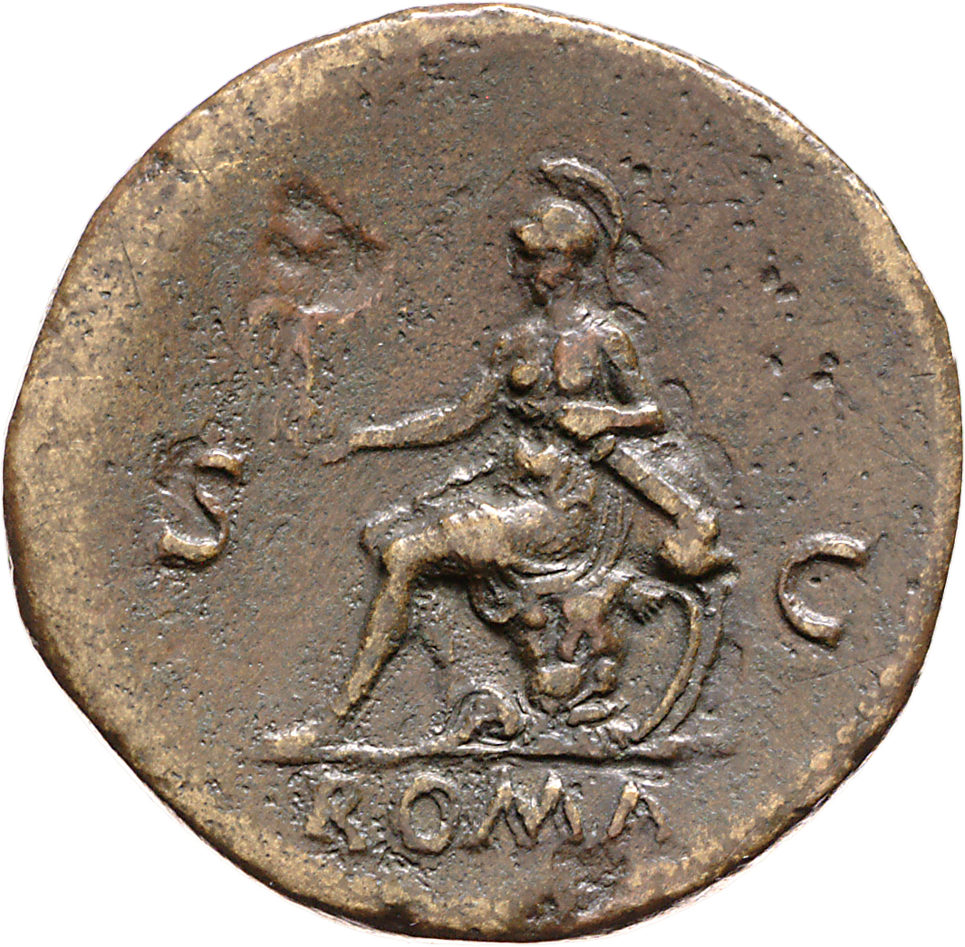 RIC I (second edition) Nero 275 Nero reverse, Roma, helmeted, in military dress, seated left on cuirass, holding Victory i...