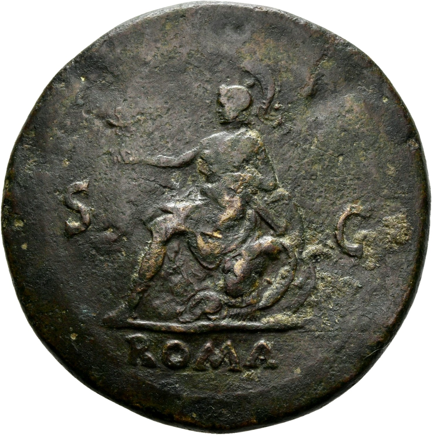 RIC I (second edition) Nero 275 Nero reverse, Roma, helmeted, in military dress, seated left on cuirass, holding Victory i...