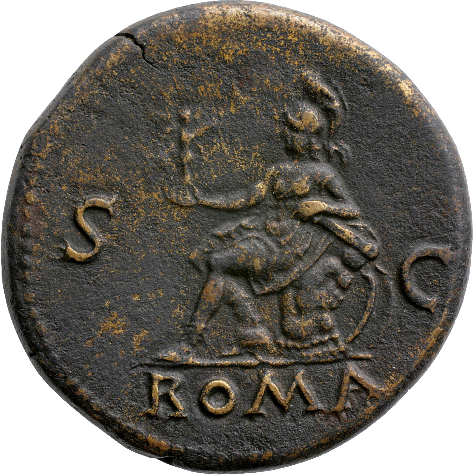 RIC I (second edition) Nero 276 Nero reverse, Roma, helmeted, in military dress, seated left on cuirass, holding Victory i...
