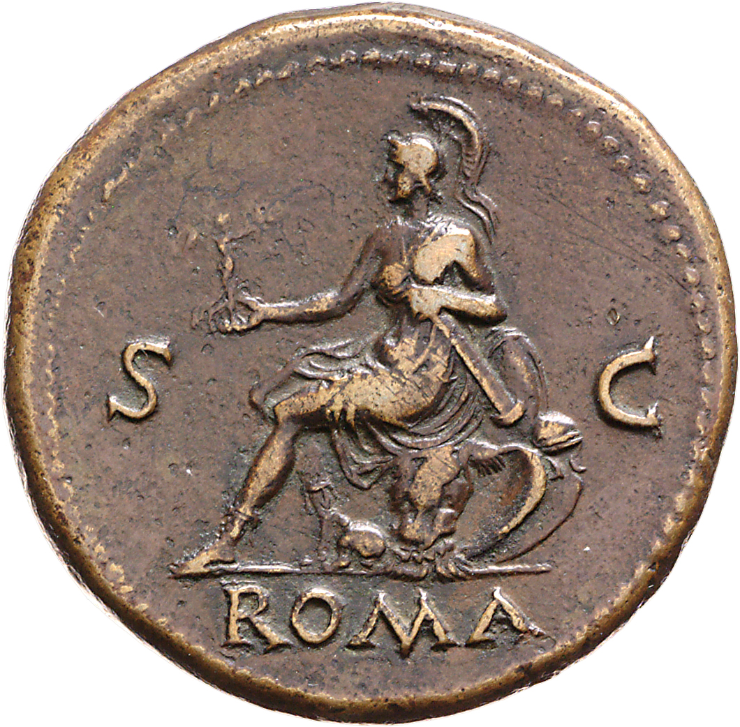 RIC I (second edition) Nero 276 Nero reverse, Roma, helmeted, in military dress, seated left on cuirass, holding Victory i...