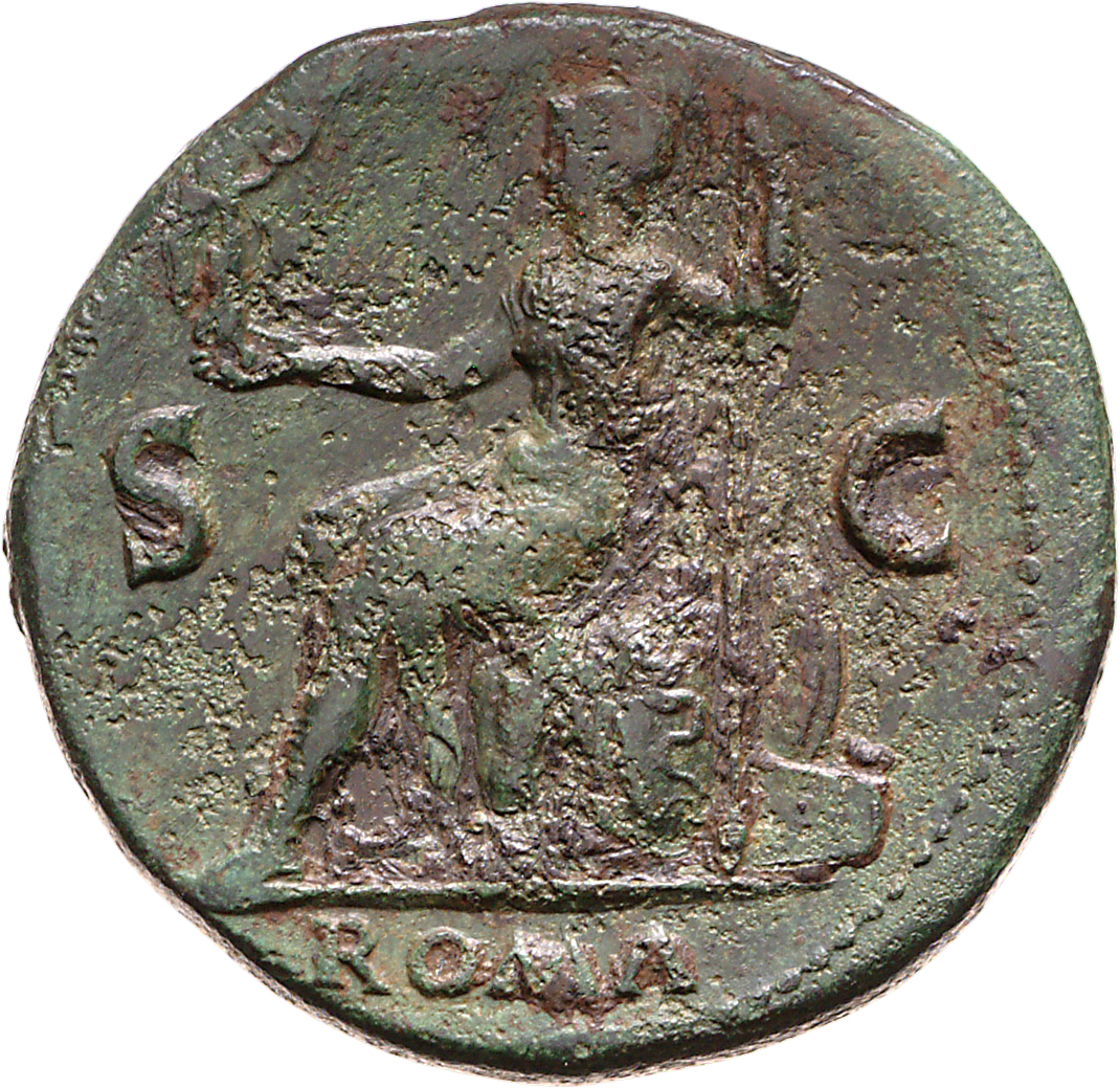 RIC I (second edition) Nero 279 Nero reverse, Roma, helmeted, in military dress, seated left on cuirass, holding Victory i...