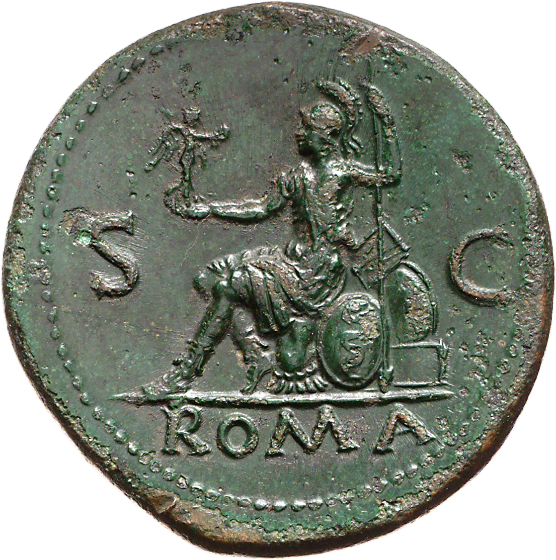 RIC I (second edition) Nero 282 Nero reverse, Roma, helmeted, in military dress, seated left on cuirass, holding Victory i...
