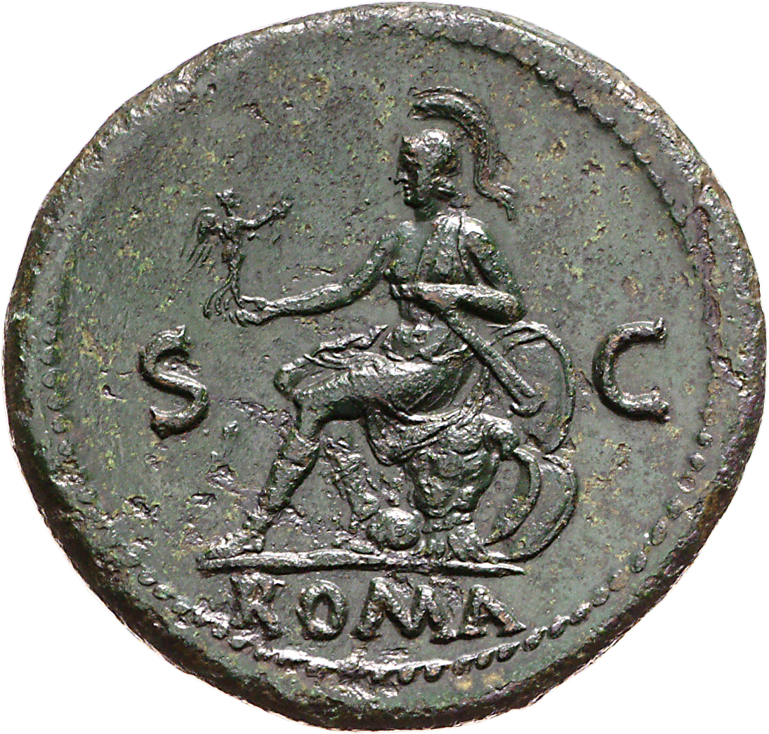 RIC I (second edition) Nero 292 Nero reverse, Roma, helmeted, in military dress, seated left on cuirass, holding Victory i...