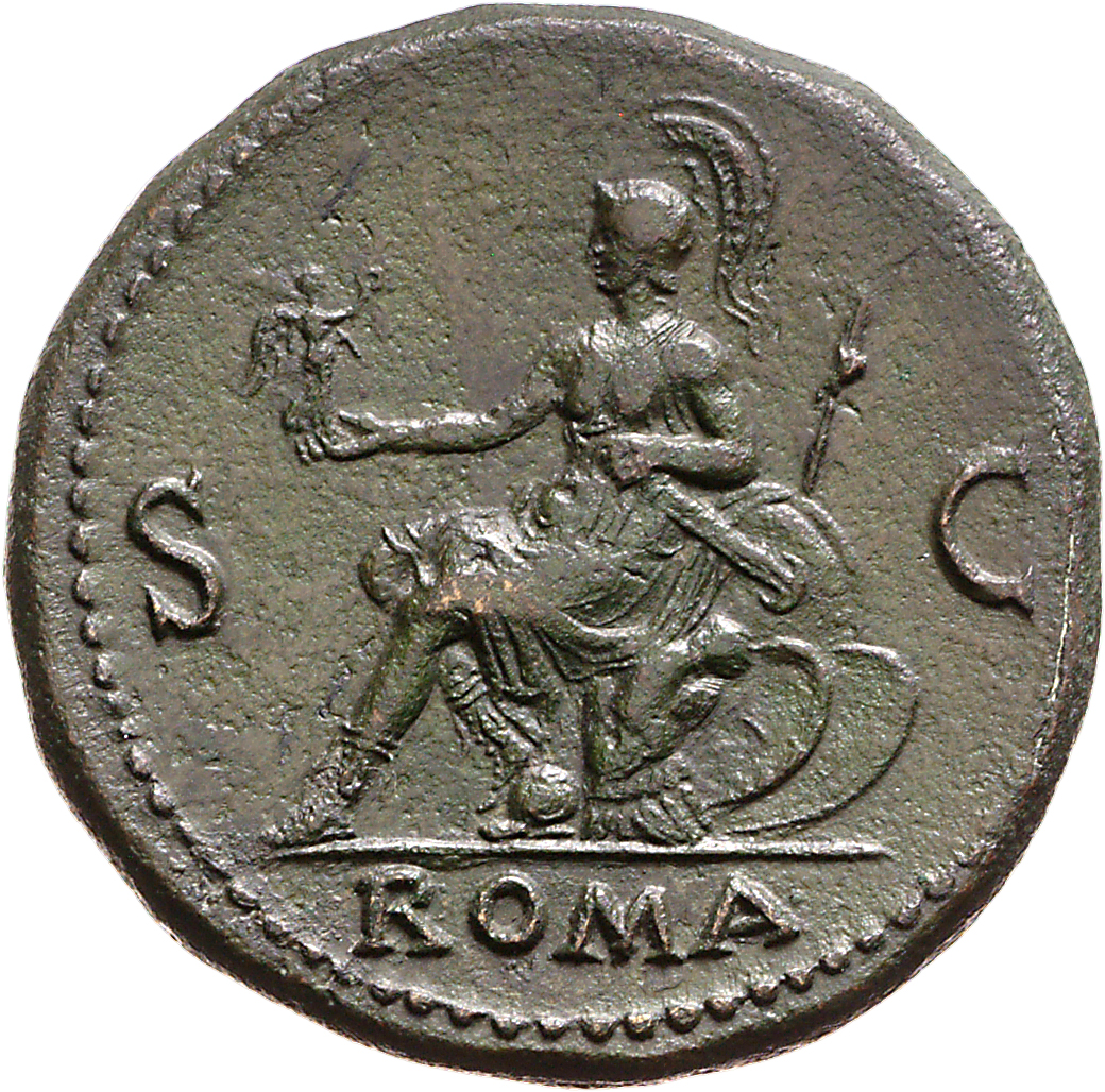 RIC I (second edition) Nero 292 Nero reverse, Roma, helmeted, in military dress, seated left on cuirass, holding Victory i...