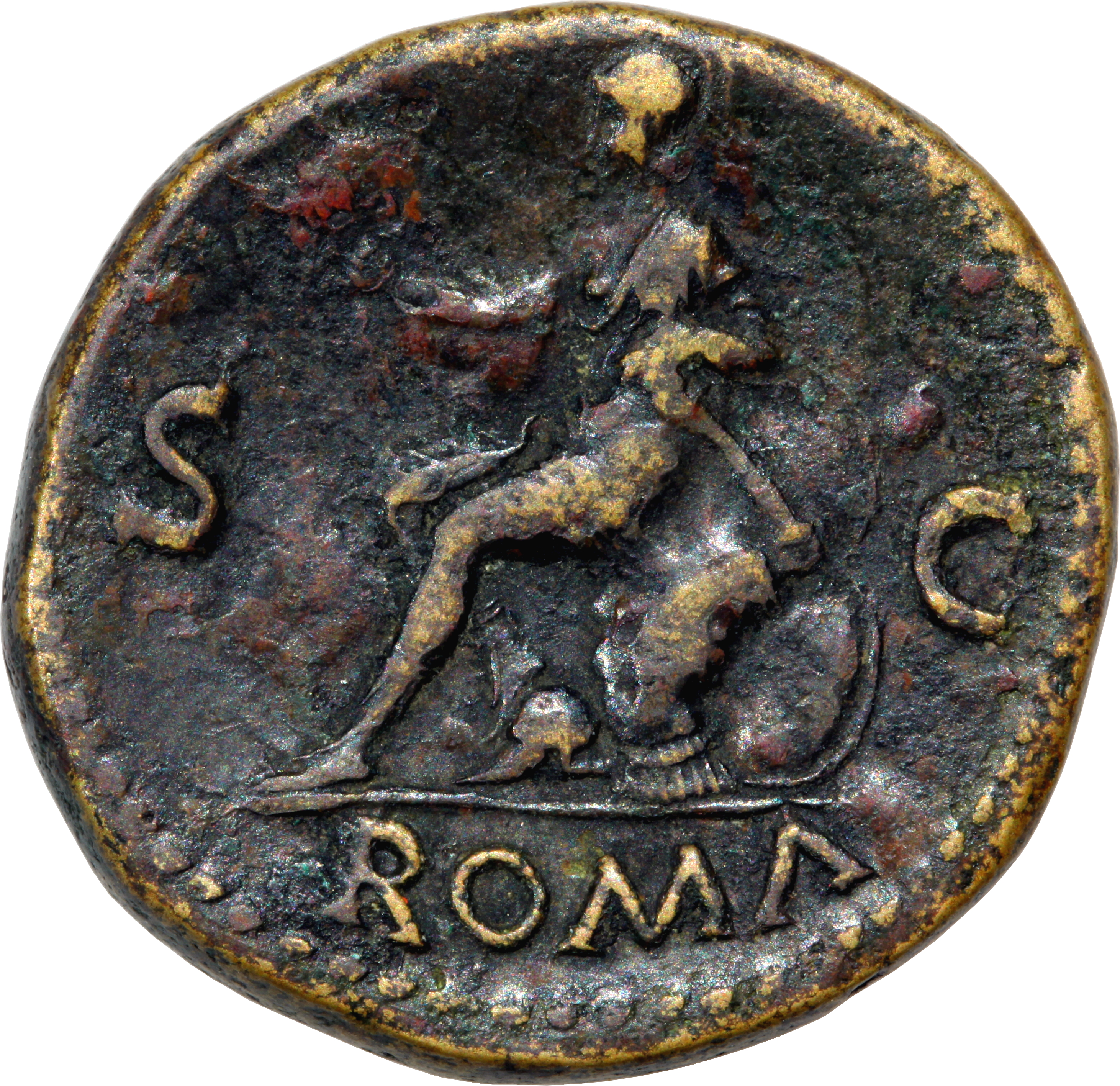 RIC I (second edition) Nero 293 Nero reverse, Roma, helmeted, in military dress, seated left on cuirass, holding Victory i...