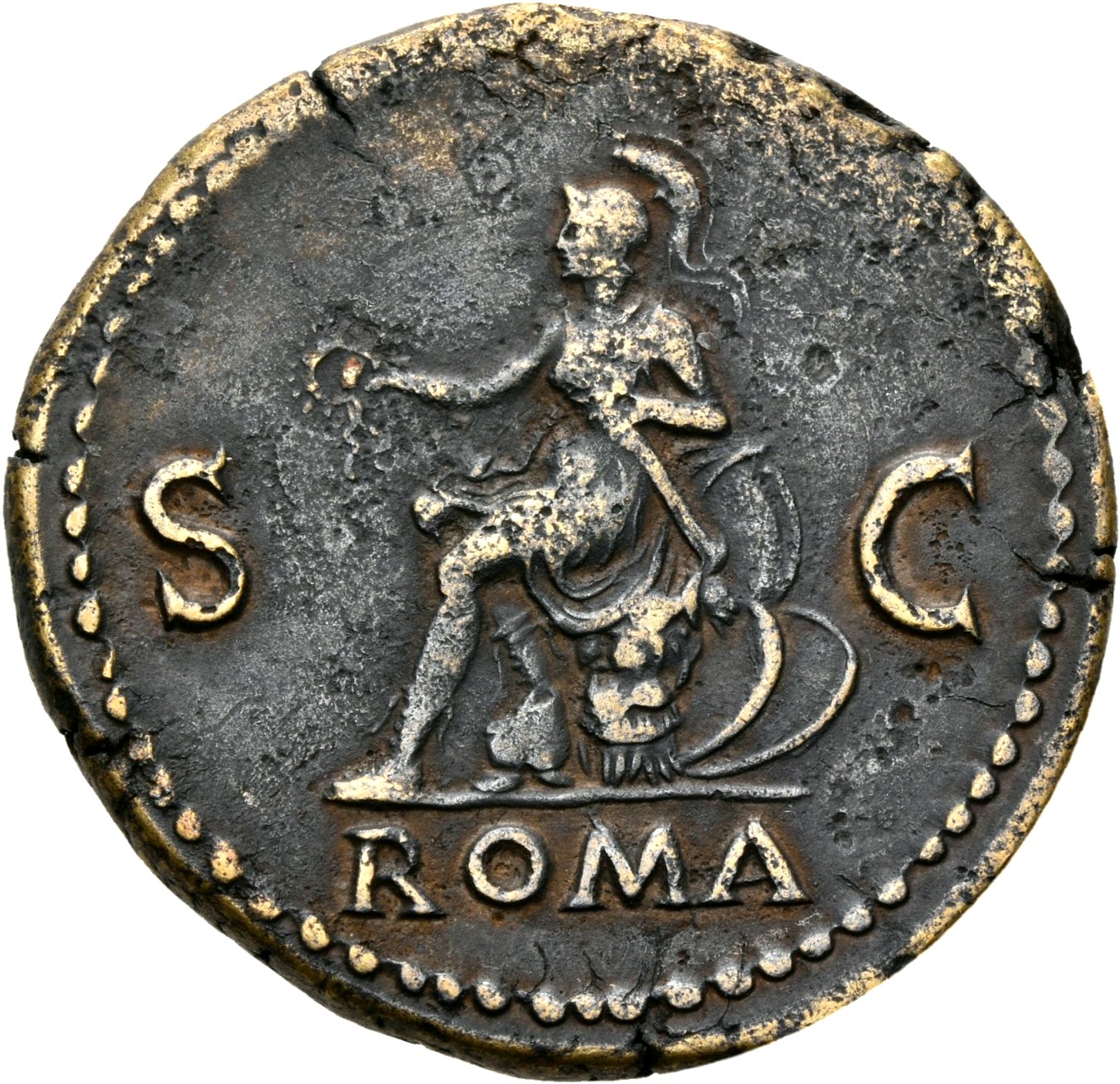 RIC I (second edition) Nero 296 Nero reverse, Roma, helmeted, in military dress, seated left on cuirass, holding Victory i...
