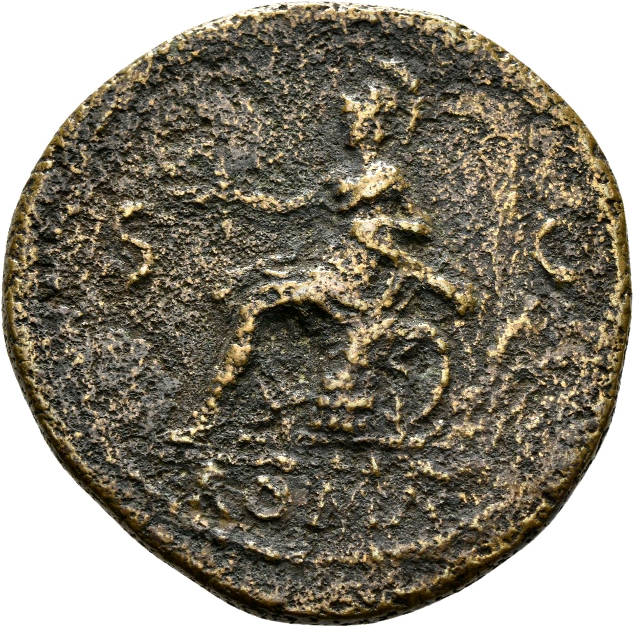 RIC I (second edition) Nero 297 Nero reverse, Roma, helmeted, in military dress, seated left on cuirass, holding Victory i...